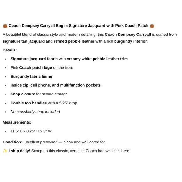 Coach Dempsey Carryall Bag In Signature Jacquard Pink Coach Patch - Picture 8 of 8